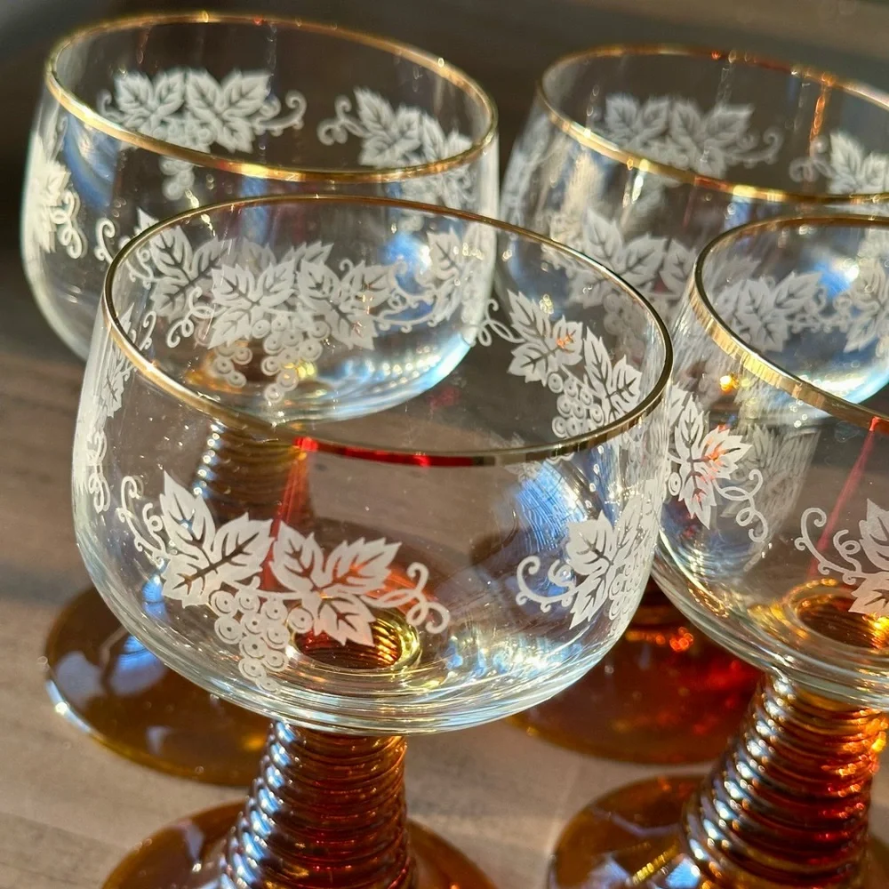 4 Vintage Etched Wine Goblets Amber Stems European Floral Glassware Set